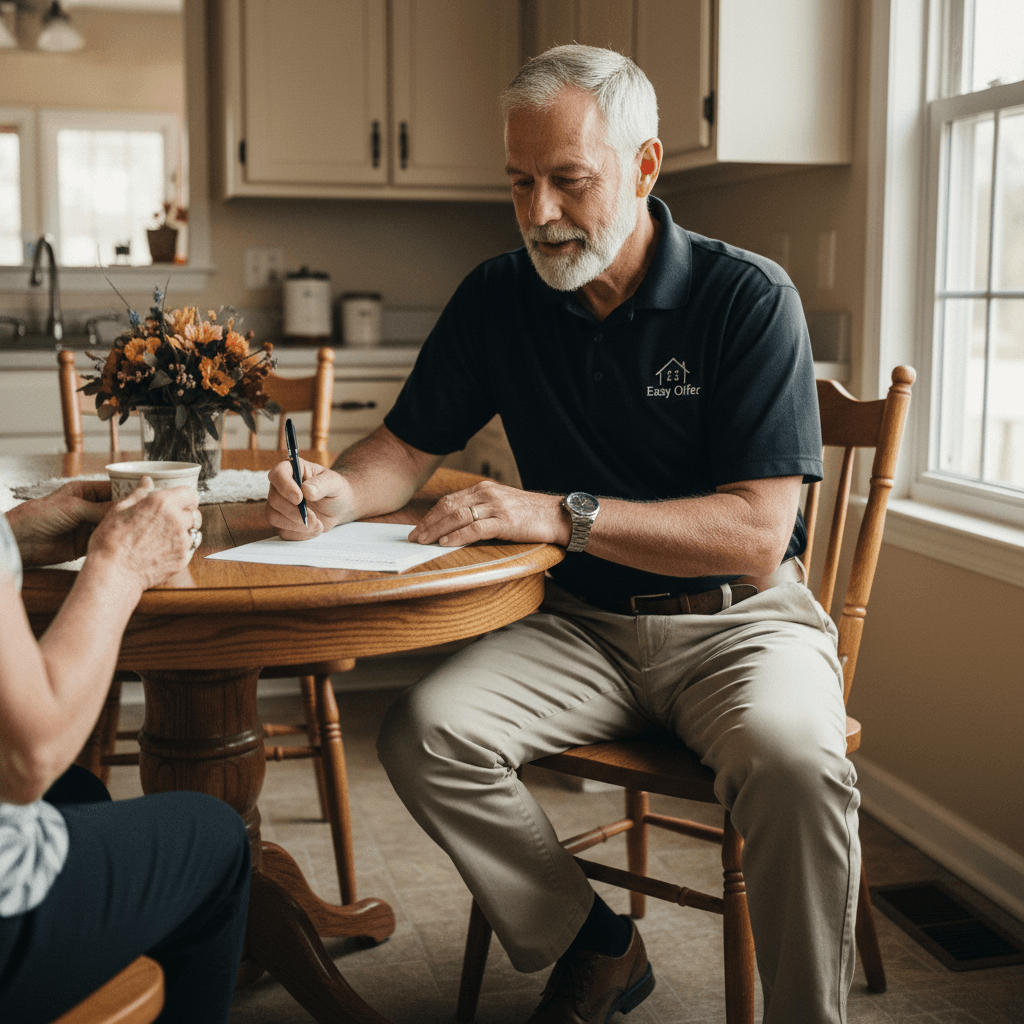 Sam seated at a homeowner's kitchen table with paperwork and a pen