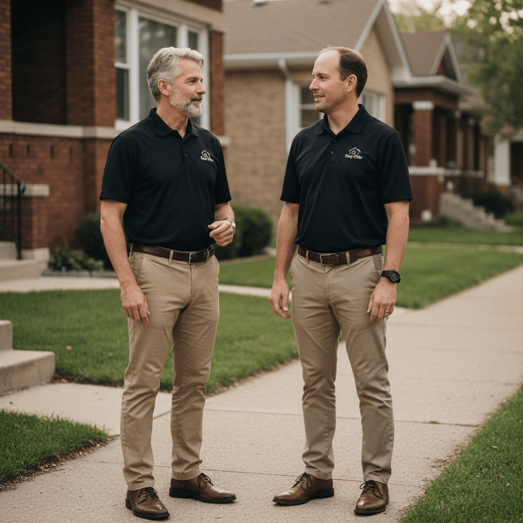 Sam and Pete on a Chicago residential sidewalk, mid-conversation between appointments
