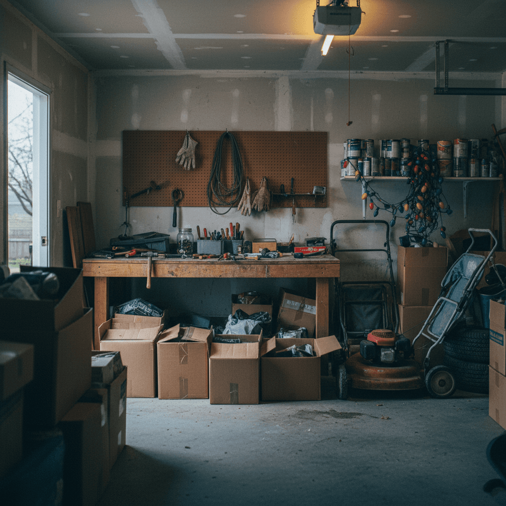 A residential garage with 25 years of tools, boxes, and belongings
