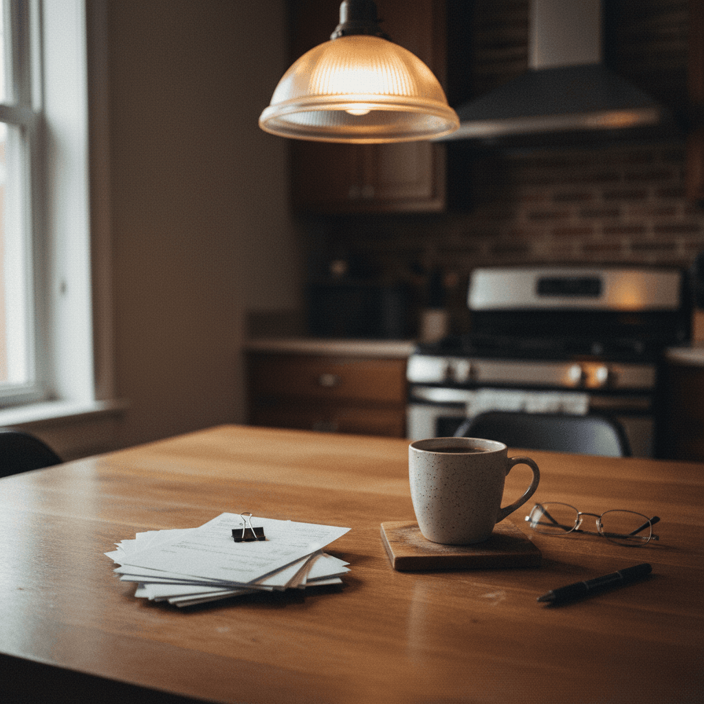 A stack of bills and a coffee mug on a kitchen table