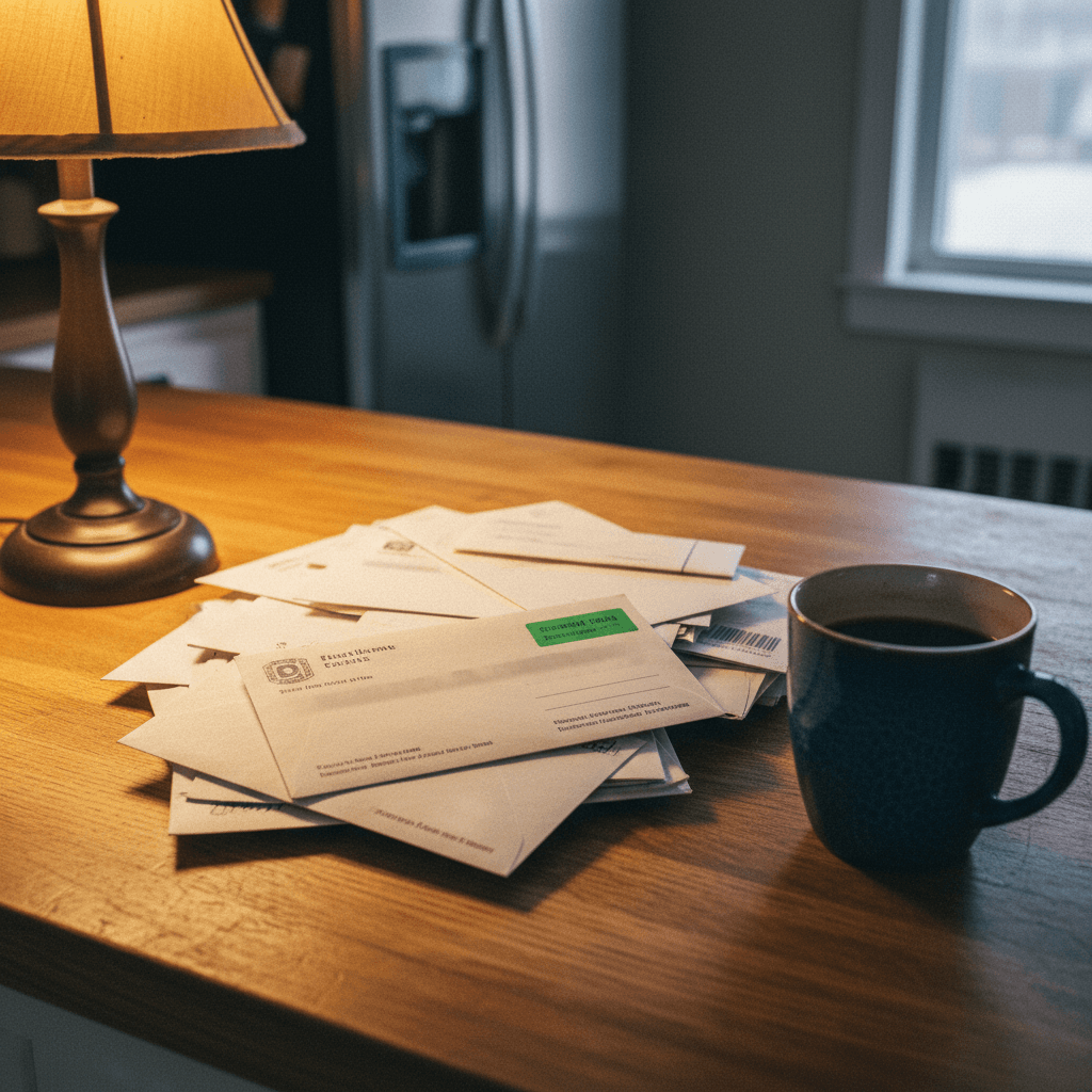 Stack of mail including a certified-mail slip on a kitchen counter