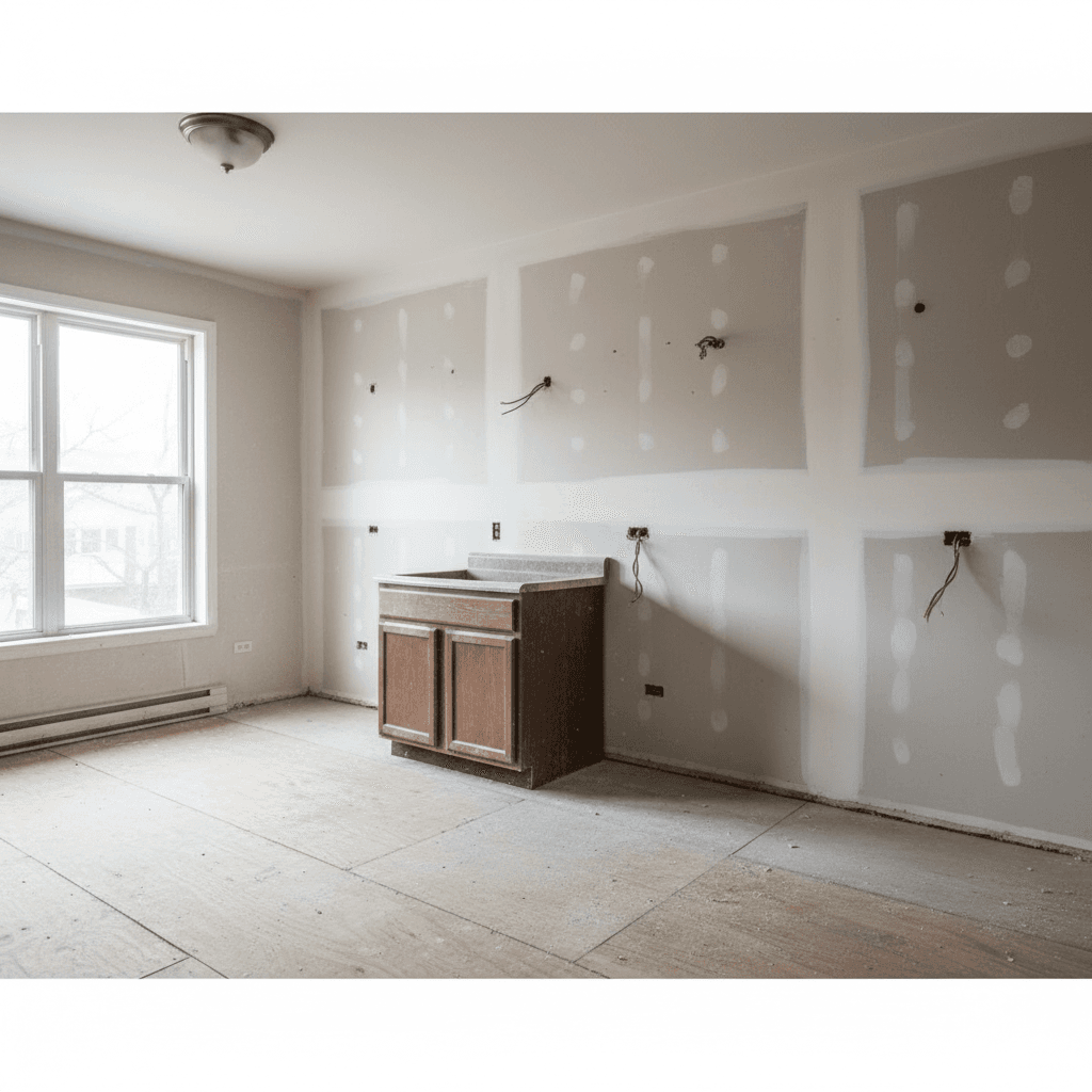 A kitchen mid-demolition, upper cabinets removed, exposed drywall