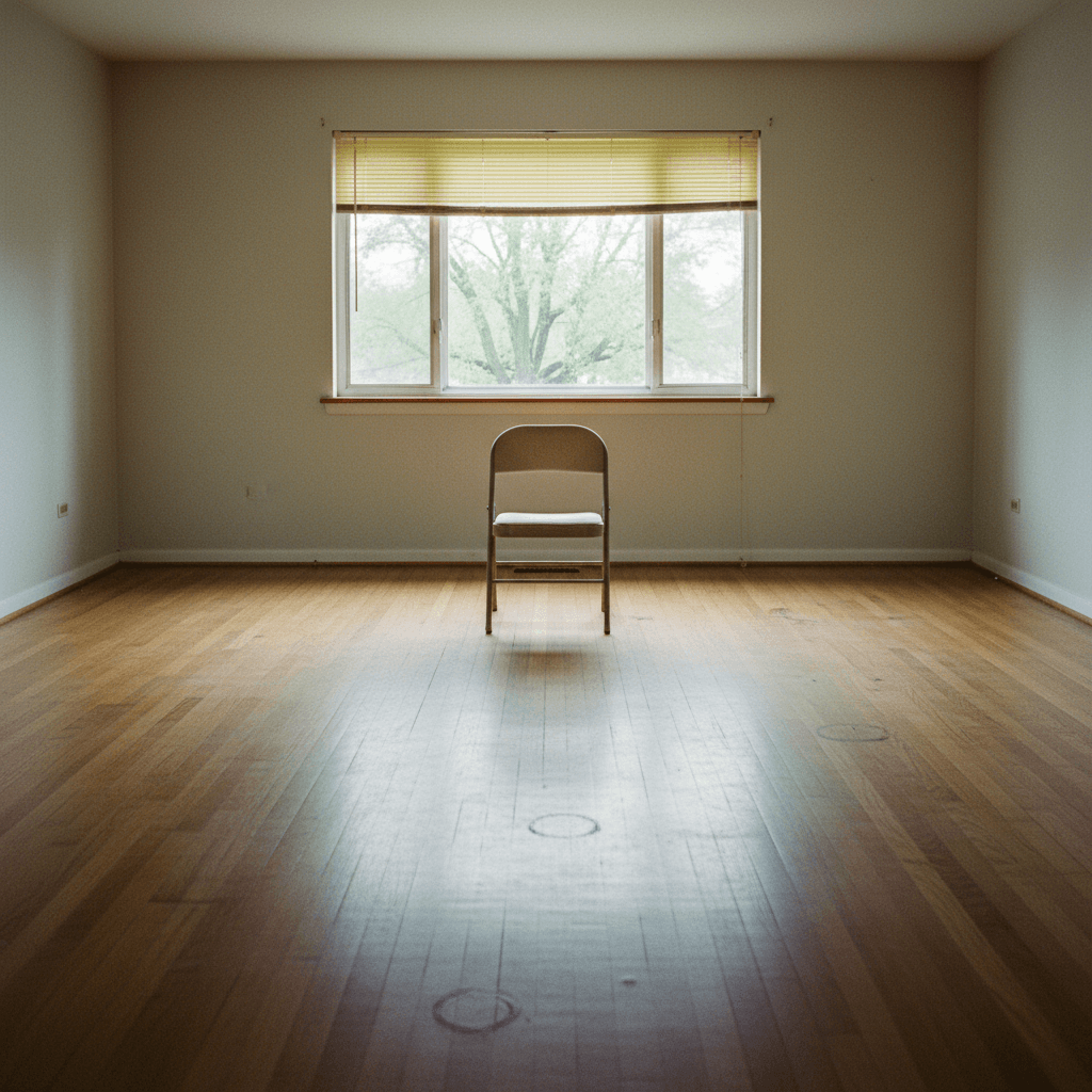 A vacant 1960s ranch living room with one folding chair